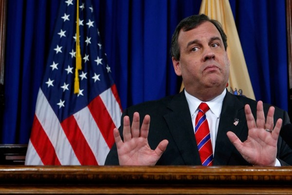 New Jersey Governor Christie reacts to a question during a news conference in Trenton